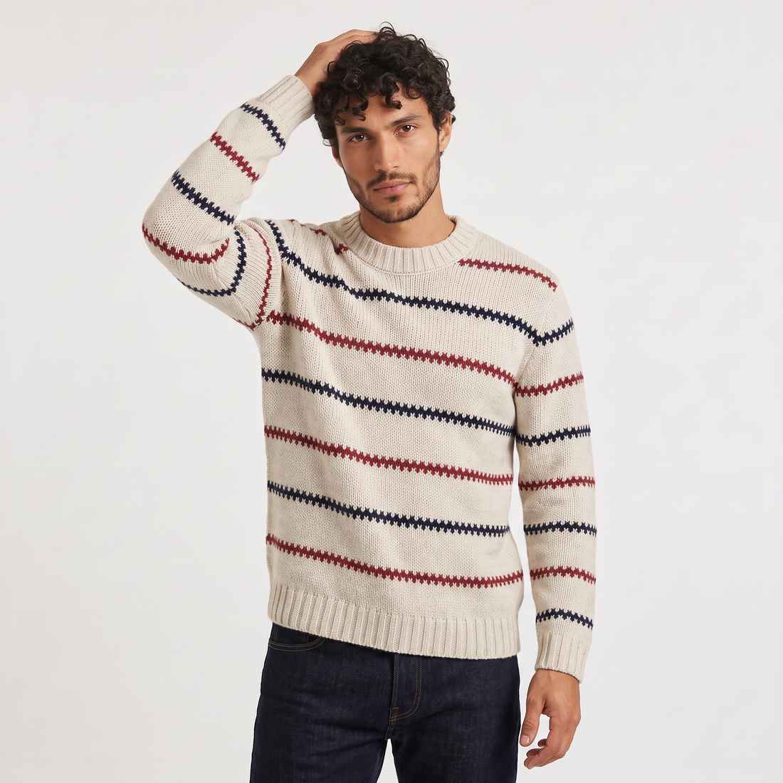Men's Textured Striped Crew Neck Jumper in Cream