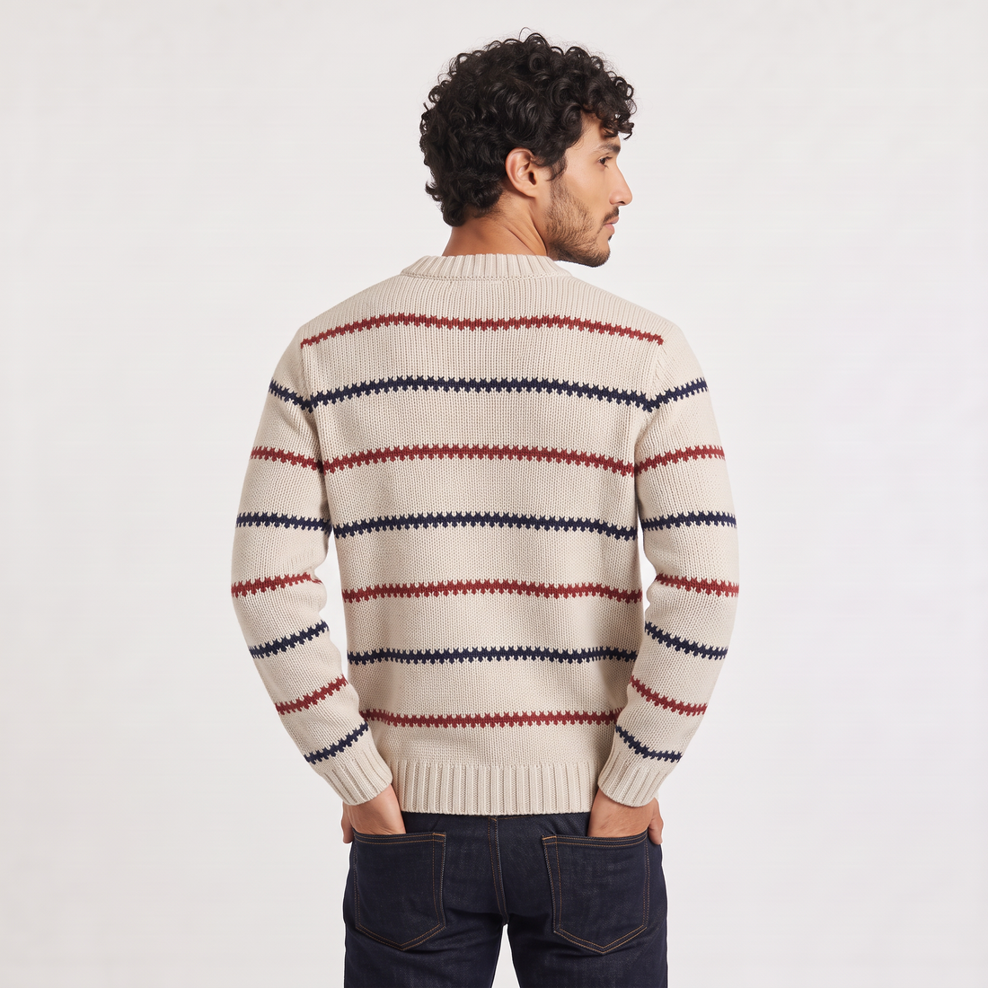 Men's Textured Striped Crew Neck Jumper in Cream – image 5