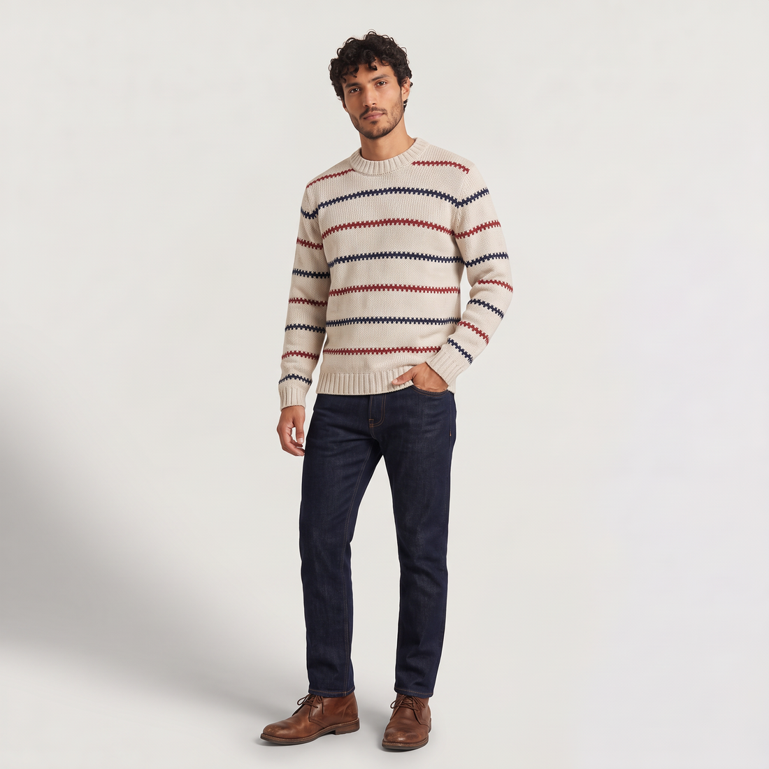 Men's Textured Striped Crew Neck Jumper in Cream – image 3