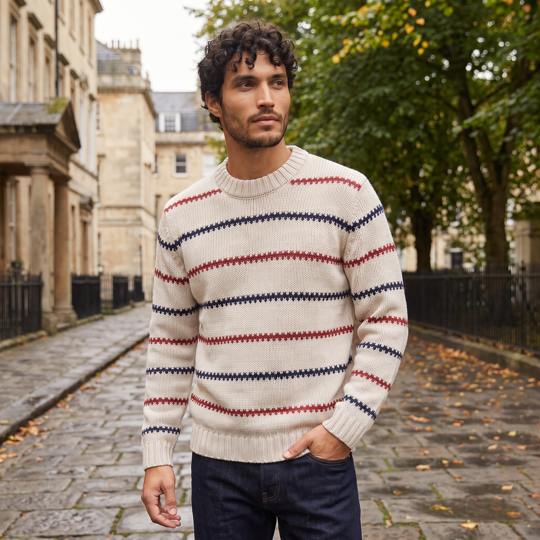 Men's Textured Striped Crew Neck Jumper in Cream