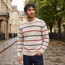 Men's Textured Striped Crew Neck Jumper in Cream – image 2