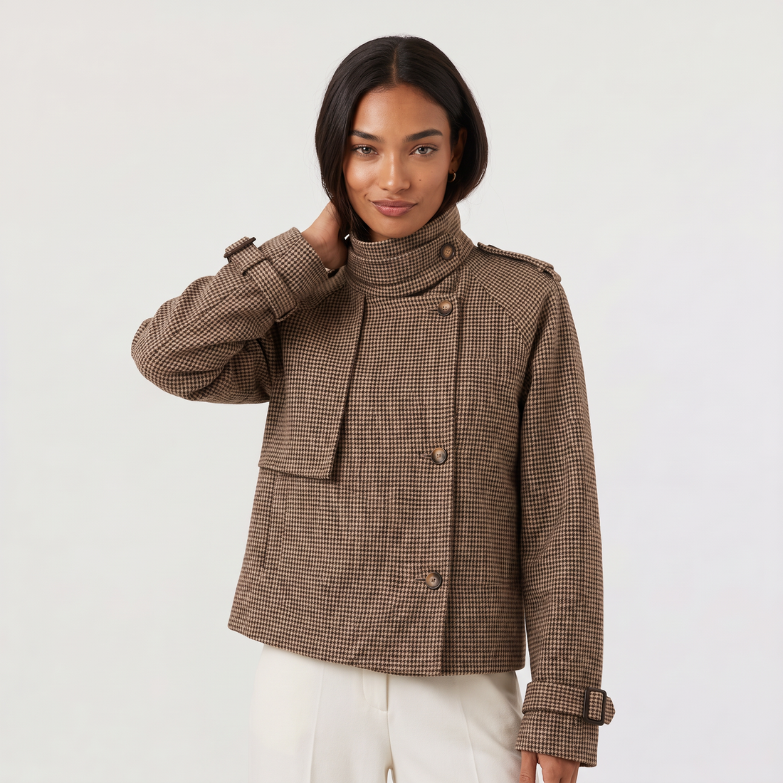 Women's Cropped Check Funnel Neck Jacket in Brown