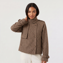 Women's Cropped Check Funnel Neck Jacket in Brown