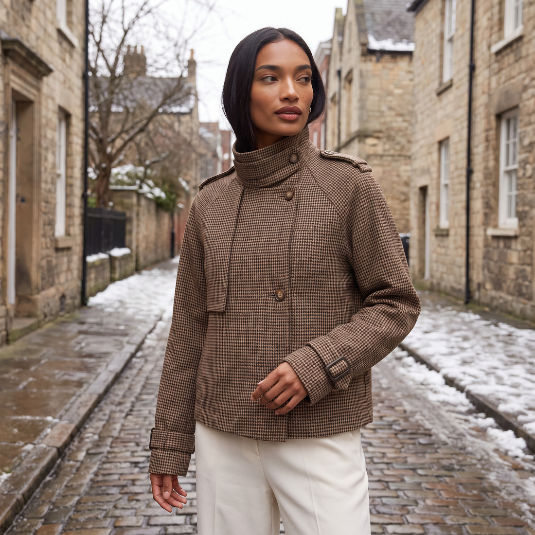 Women's Cropped Check Funnel Neck Jacket in Brown