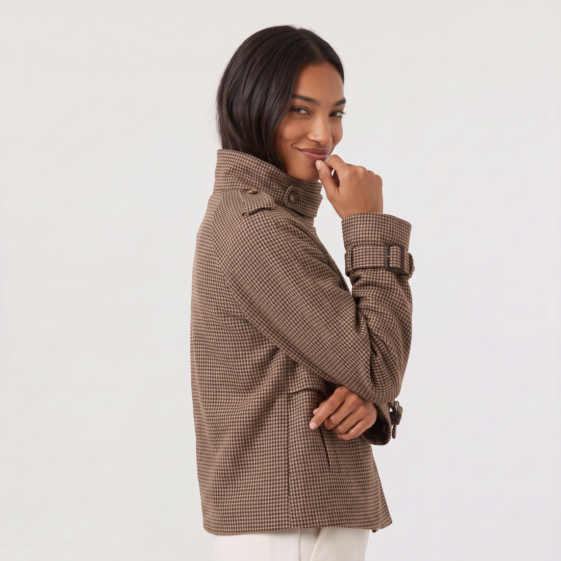 Women's Cropped Check Funnel Neck Jacket – image 5