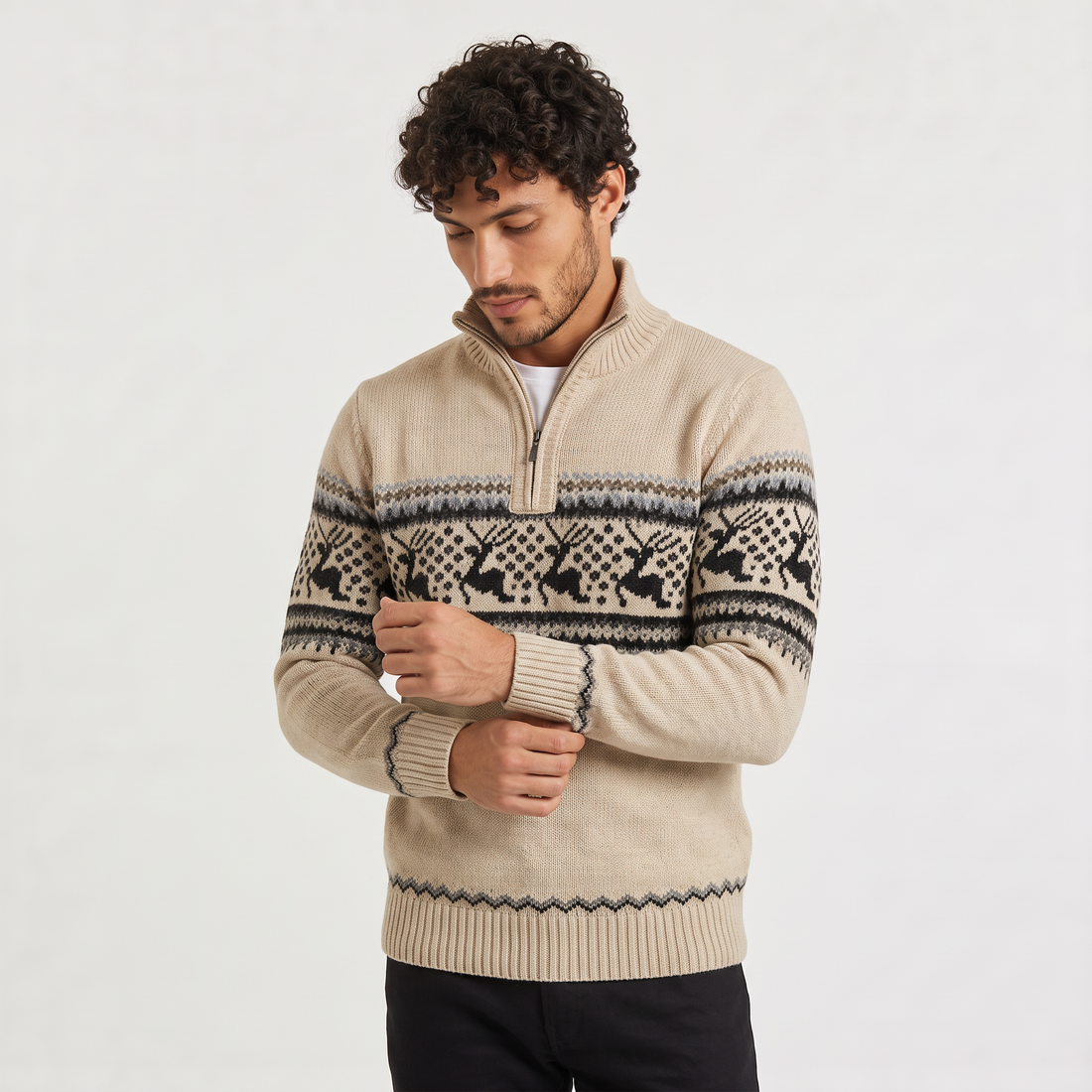 Men's Half Zip Fair Isle Jumper in Beige
