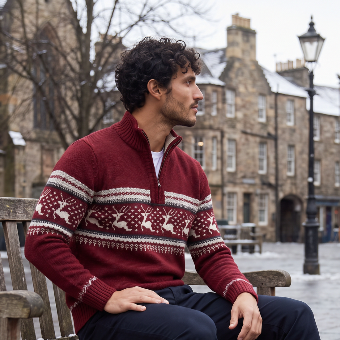 Men's Half Zip Fair Isle Jumper in Red
