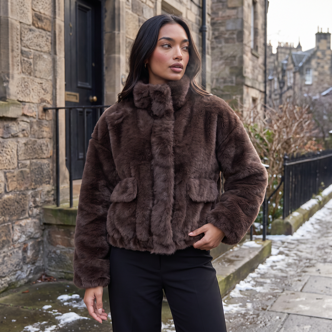 Women's Brown Faux Fur Bomber Jacket