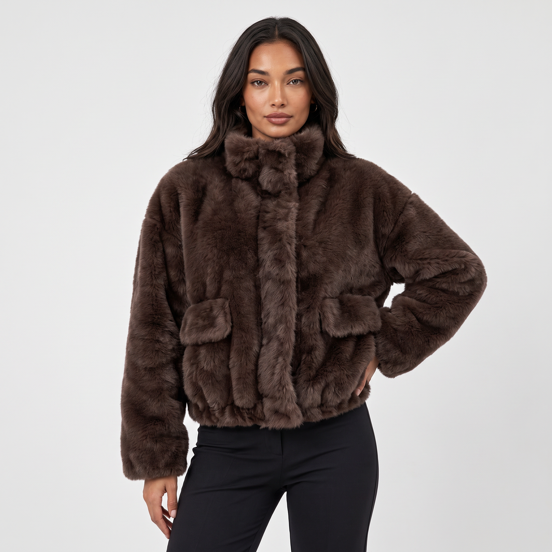 Women's Brown Faux Fur Bomber Jacket