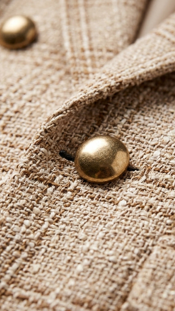 Close-up of tweed blazer fabric and gold button