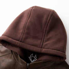 Close-up of faux leather jacket hood detail