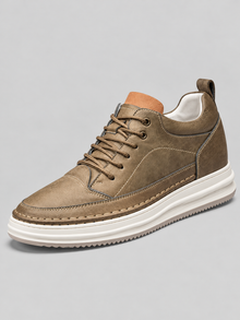 Men's khaki leather-look platform trainers with contrast stitching
