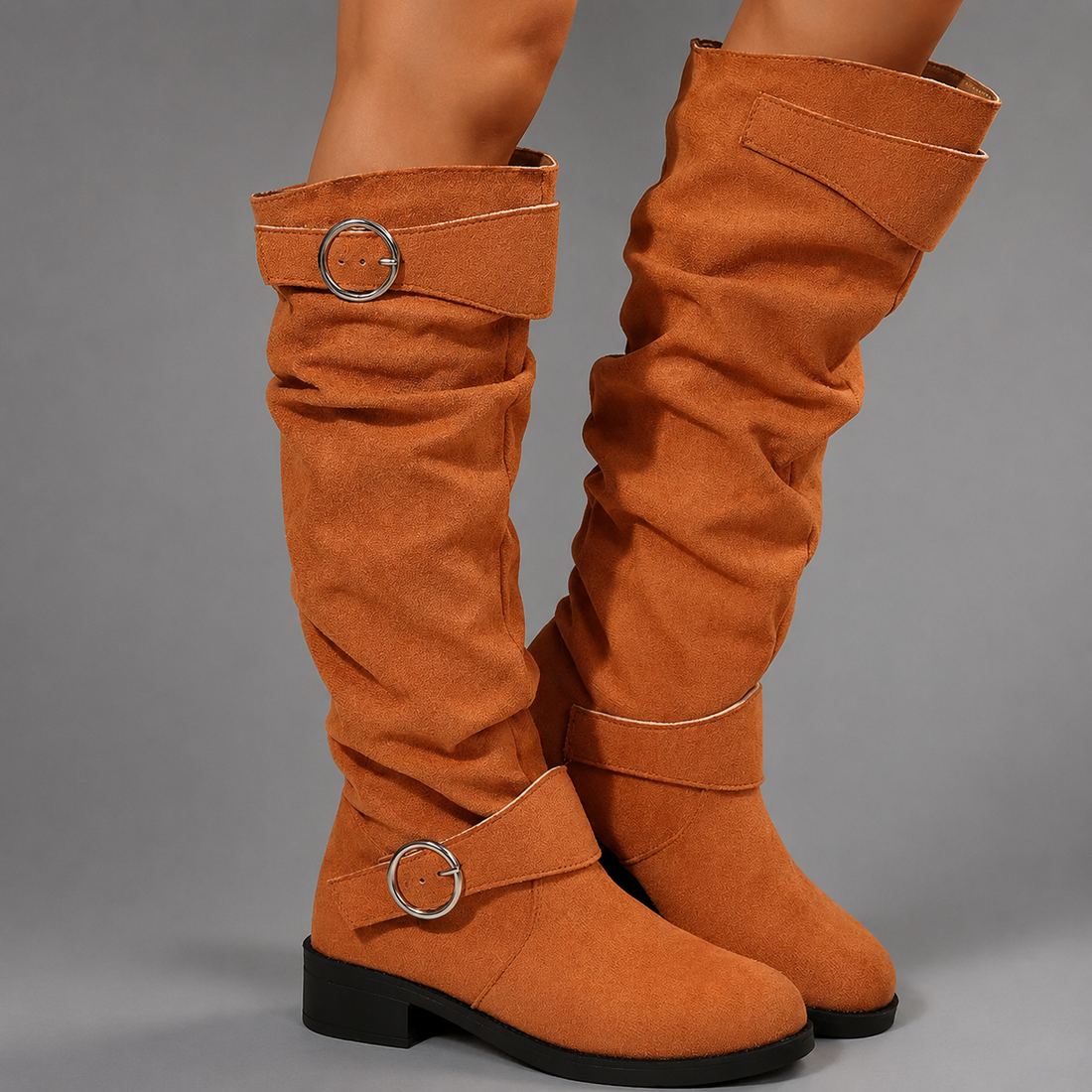 Women’s Black Buckle Accent Slouch Boots – Casual Mid-Calf Everyday Shoes