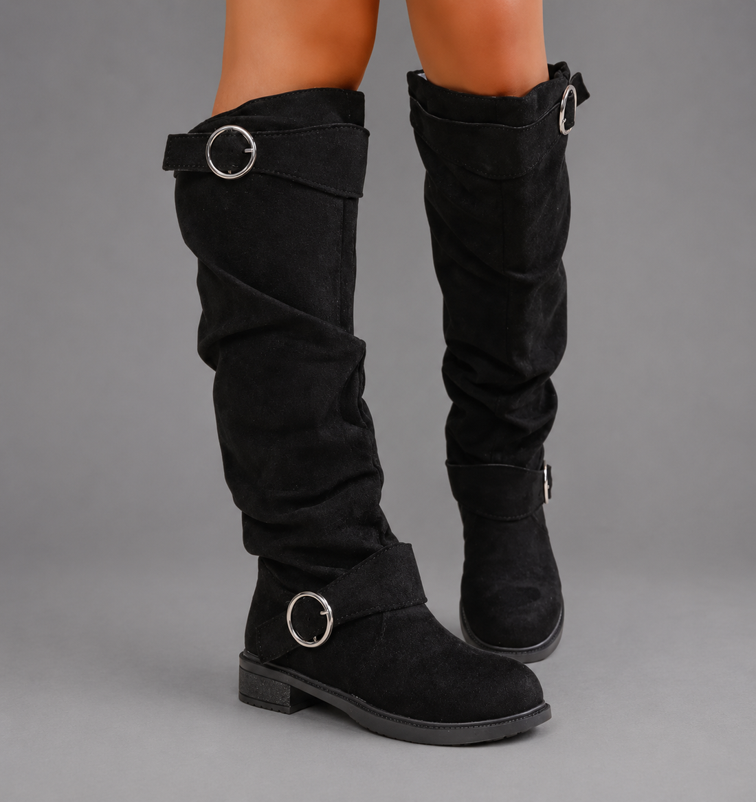 Women’s Black Buckle Accent Slouch Boots – Casual Mid-Calf Everyday Shoes
