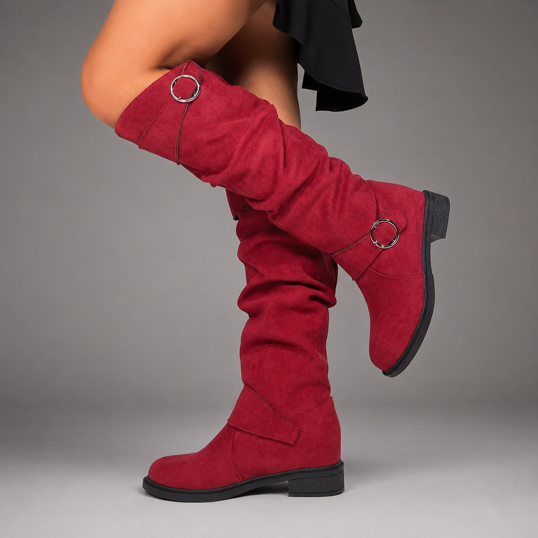 Women’s Black Buckle Accent Slouch Boots – Casual Mid-Calf Everyday Shoes