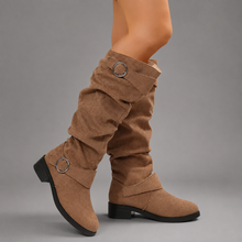 Women’s Black Buckle Accent Slouch Boots – Casual Mid-Calf Everyday Shoes