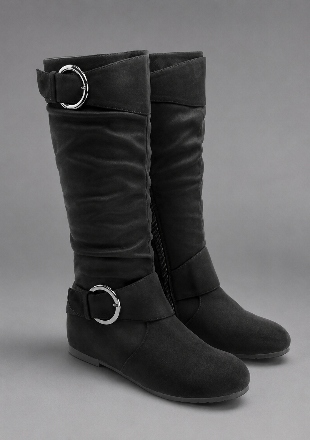 Women’s Black Buckle Accent Slouch Boots – Casual Mid-Calf Everyday Shoes