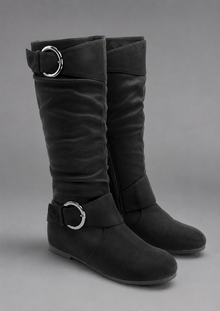 Women’s Black Buckle Accent Slouch Boots – Casual Mid-Calf Everyday Shoes