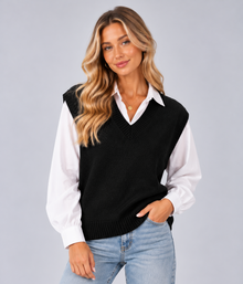 Women’s V-Neck Sweater Vest – Loose Fit Knitted Tank Top, Sleeveless Jumper