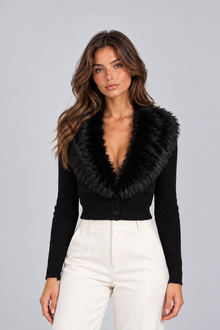 Women’s Plush Faux Fur Collar Cardigan – Ribbed Button Front Knitwear