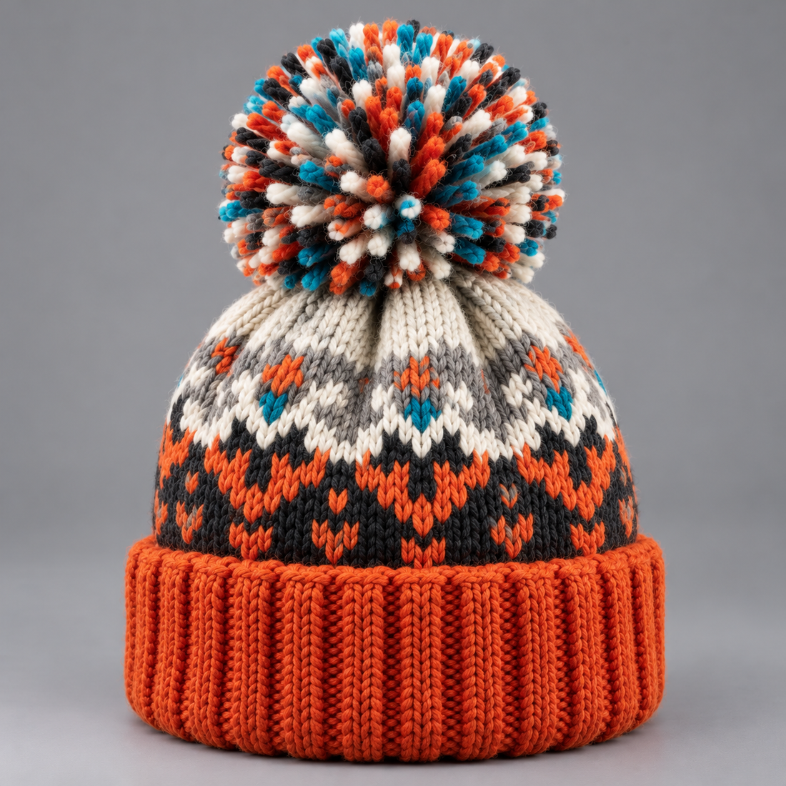 Women's Beanie Hat – Snowflake Knit Bobble Hat with Pom Pom & Ribbed Cuff