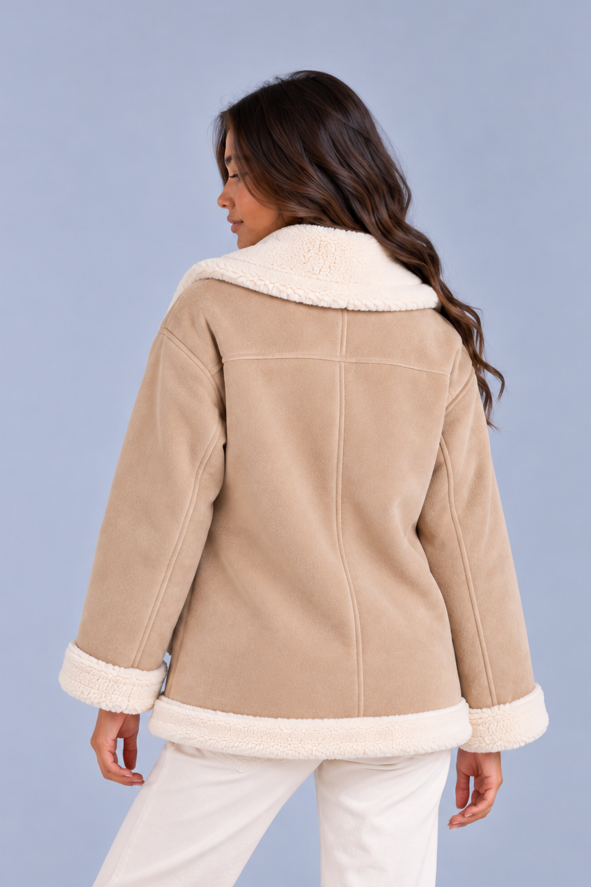 Women’s Faux Shearling Suede Look Jacket – Aviator Style Coat