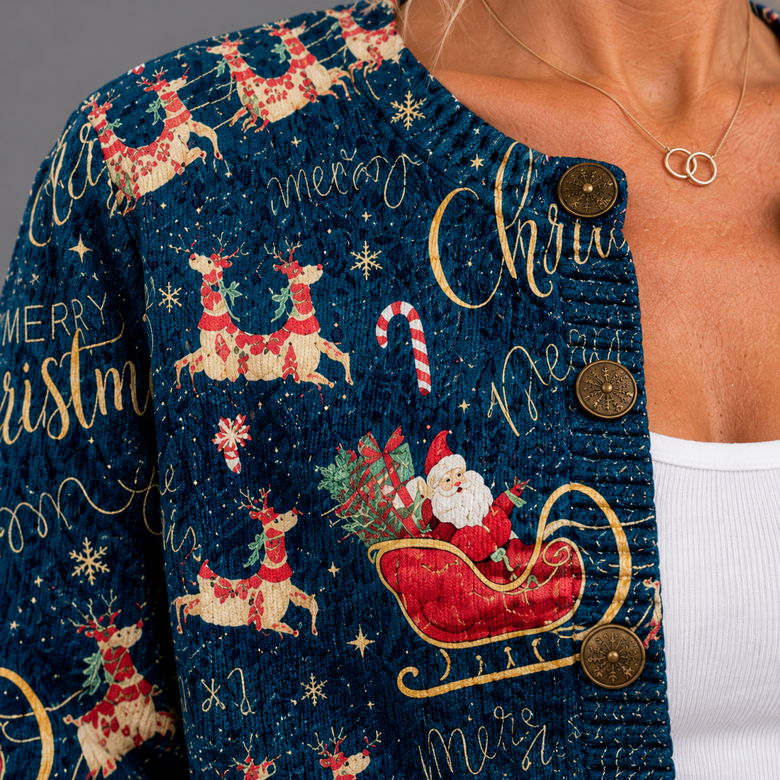 Women's Christmas Cardigan – Santa Sleigh & Reindeer Print V-Neck Button-Front Jumper