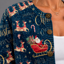 Women's Christmas Cardigan – Santa Sleigh & Reindeer Print V-Neck Button-Front Jumper