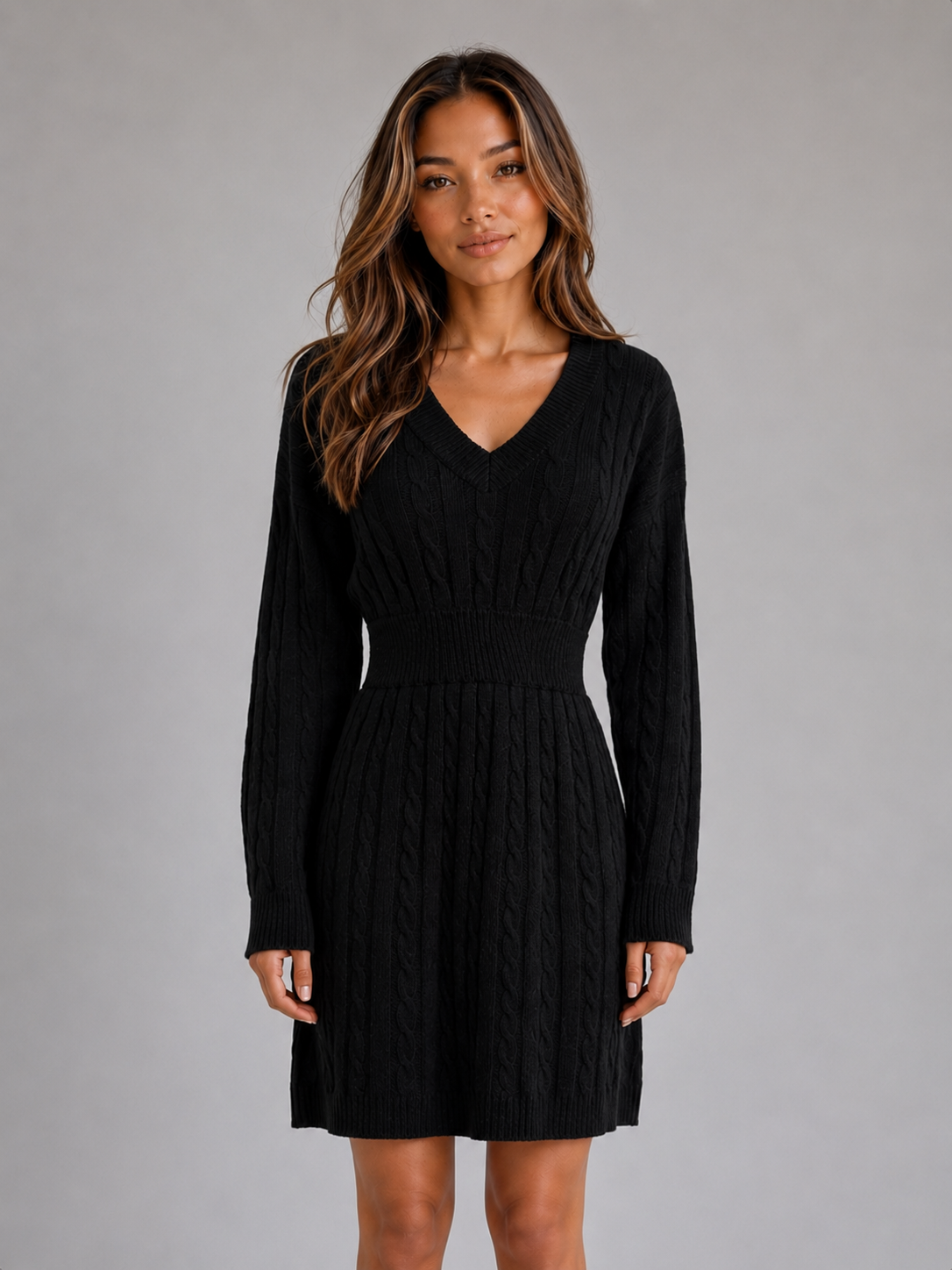 Women's Cable Knit Jumper Dress in Black
