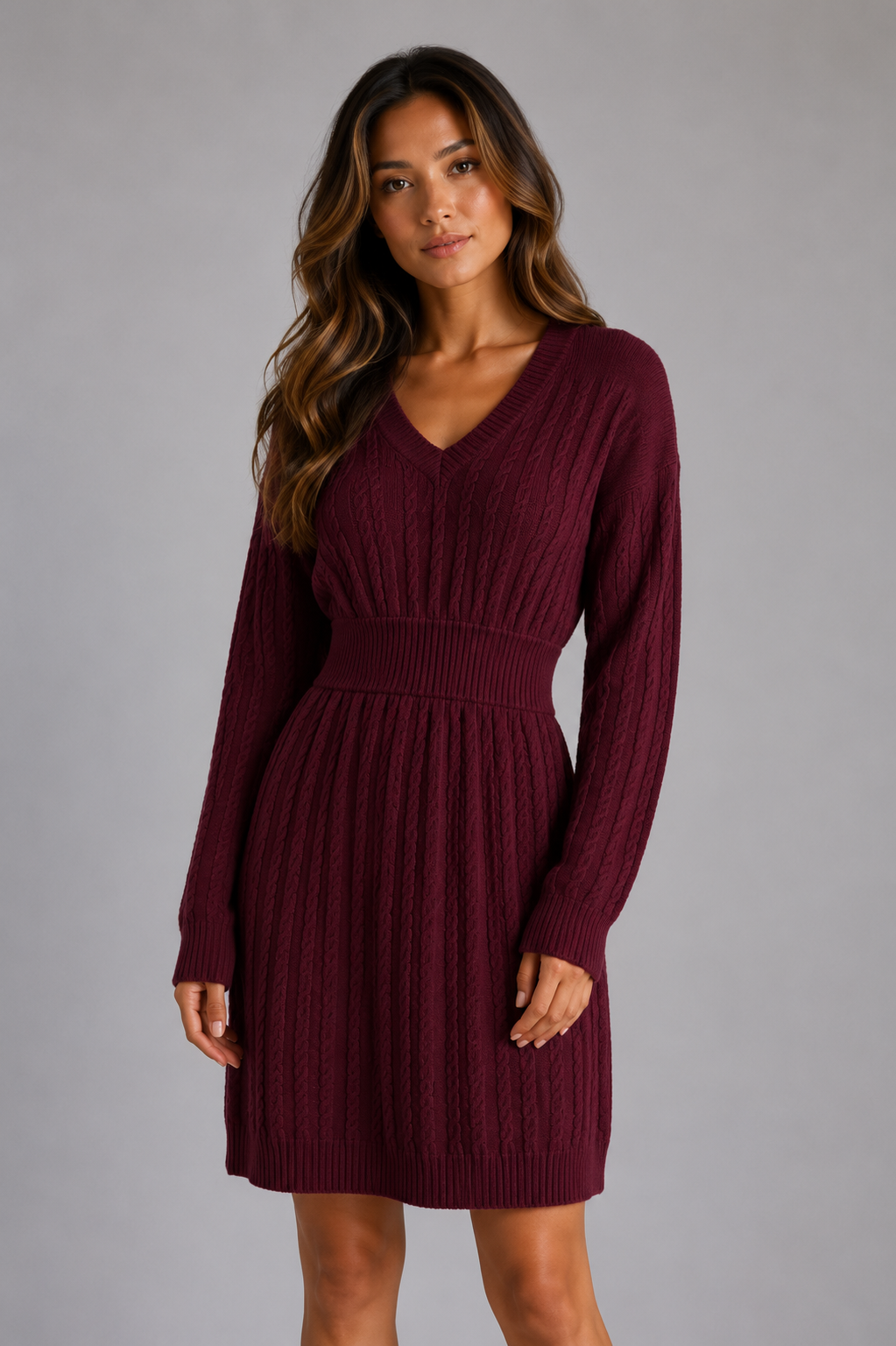 Women's Cable Knit Jumper Dress in Burgundy