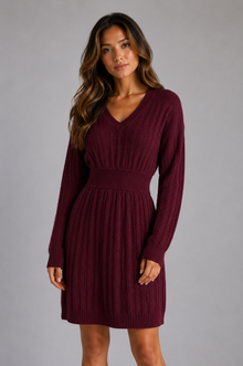 Women's Cable Knit Jumper Dress in Burgundy