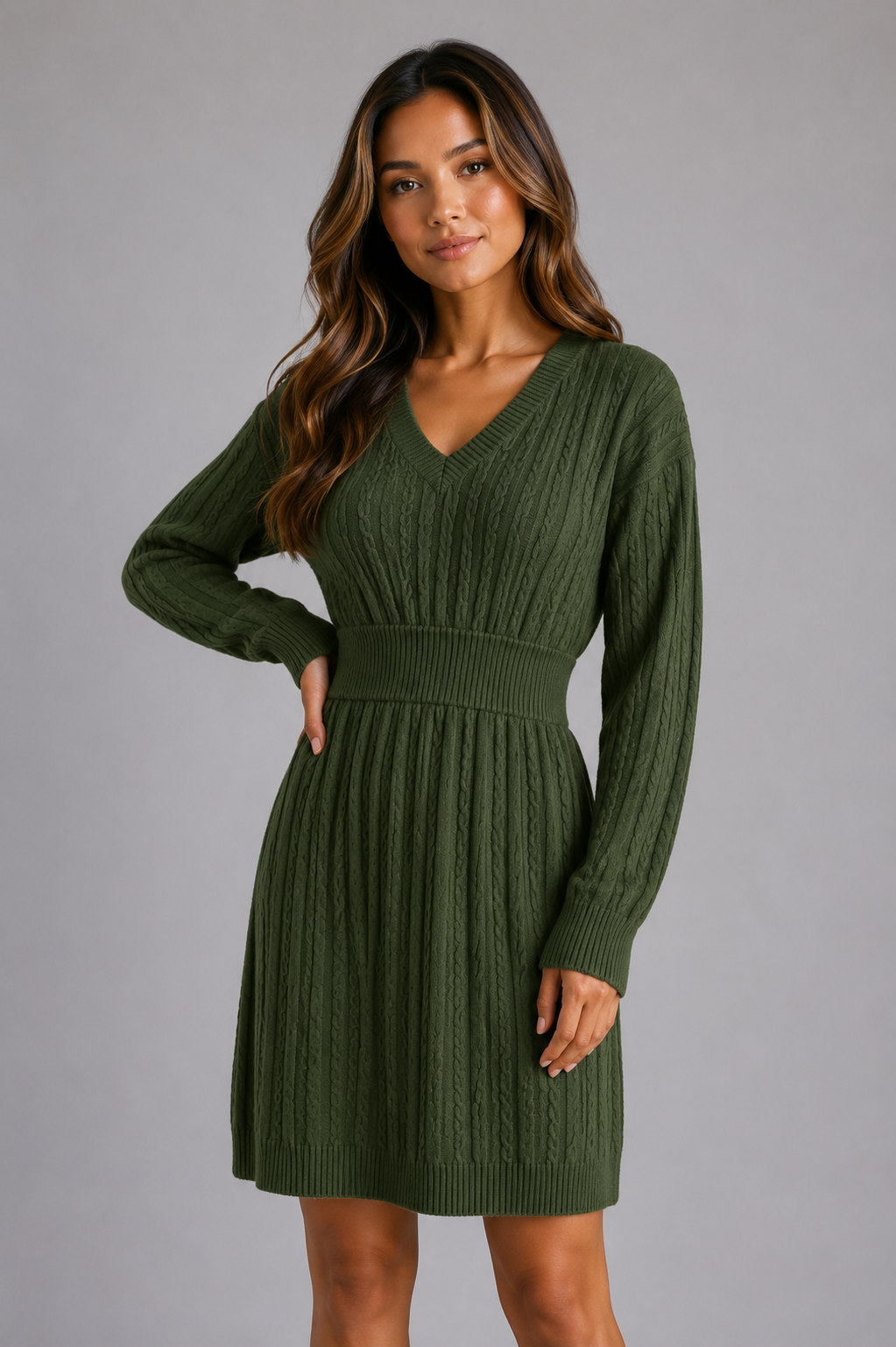 Women's Cable Knit Jumper Dress in Dark Green