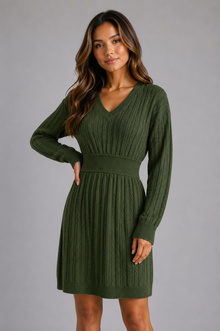 Women's Cable Knit Jumper Dress in Dark Green