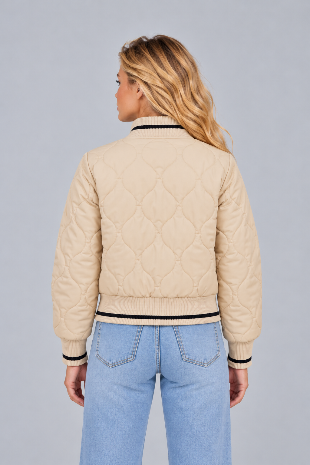 Women’s Quilted Bomber Jacket – Ribbed High Neck Zip-Up Coat