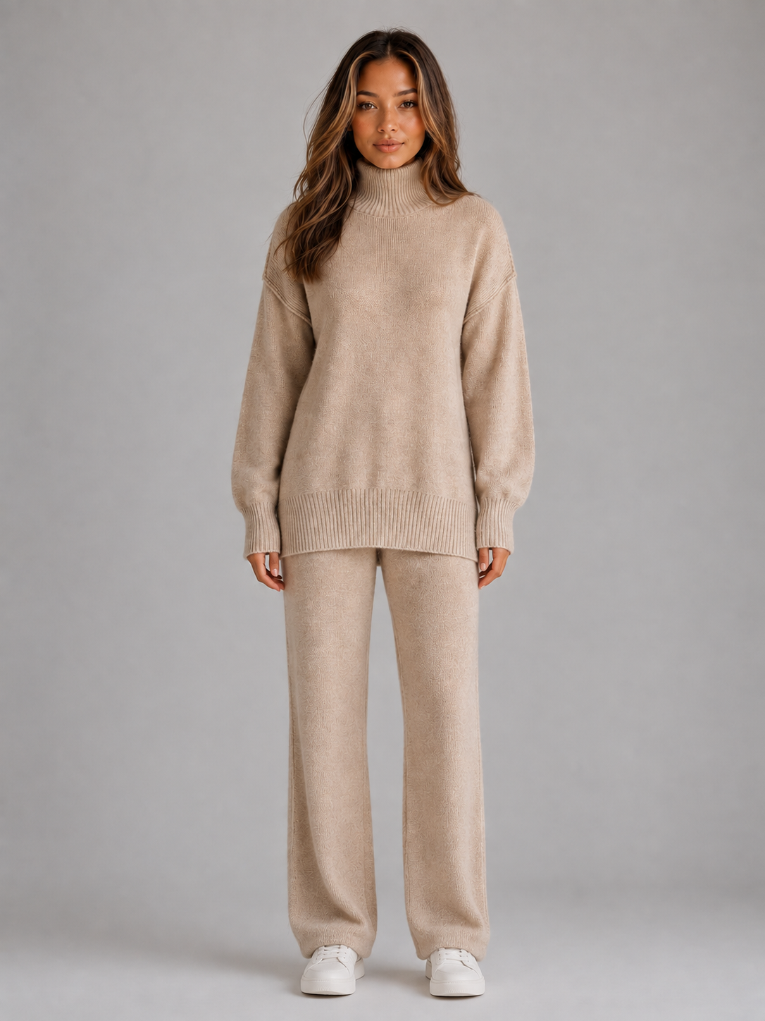 Women's Roll Neck Knitted Lounge Set in Beige