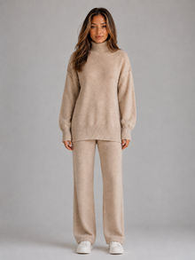 Women's Roll Neck Knitted Lounge Set in Beige