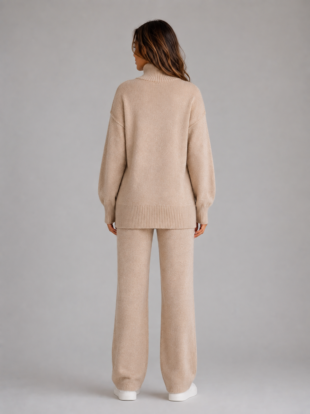 Women's Roll Neck Knitted Lounge Set in Beige