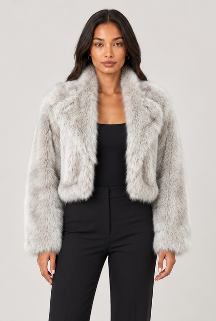 Amelia women's light grey cropped faux-fur jacket front view