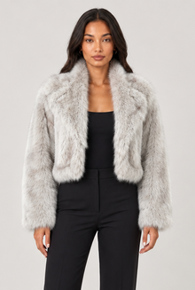 Amelia women's light grey cropped faux-fur jacket front view