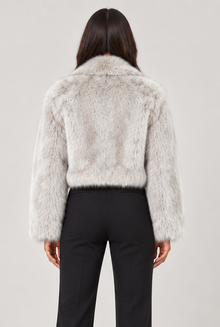 Amelia women's light grey cropped faux-fur jacket rear view
