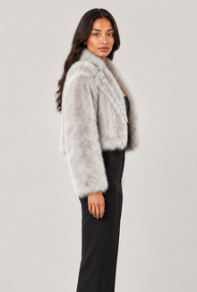 Amelia women's light grey cropped faux-fur jacket side view