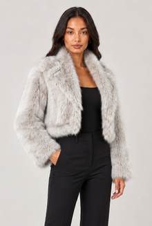 Amelia women's light grey cropped faux-fur jacket three-quarter view