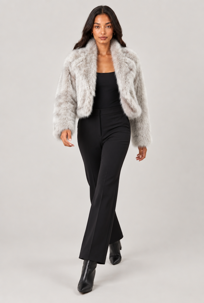 Amelia women's light grey cropped faux-fur jacket walking view