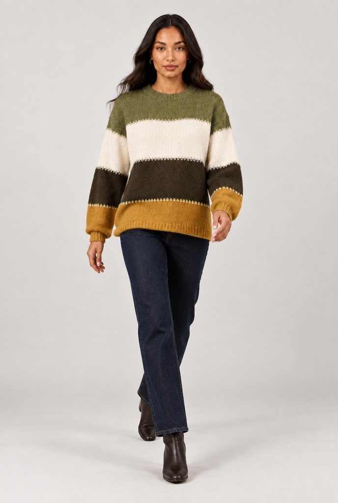Amelia women's yellow colour-block jumper walking view