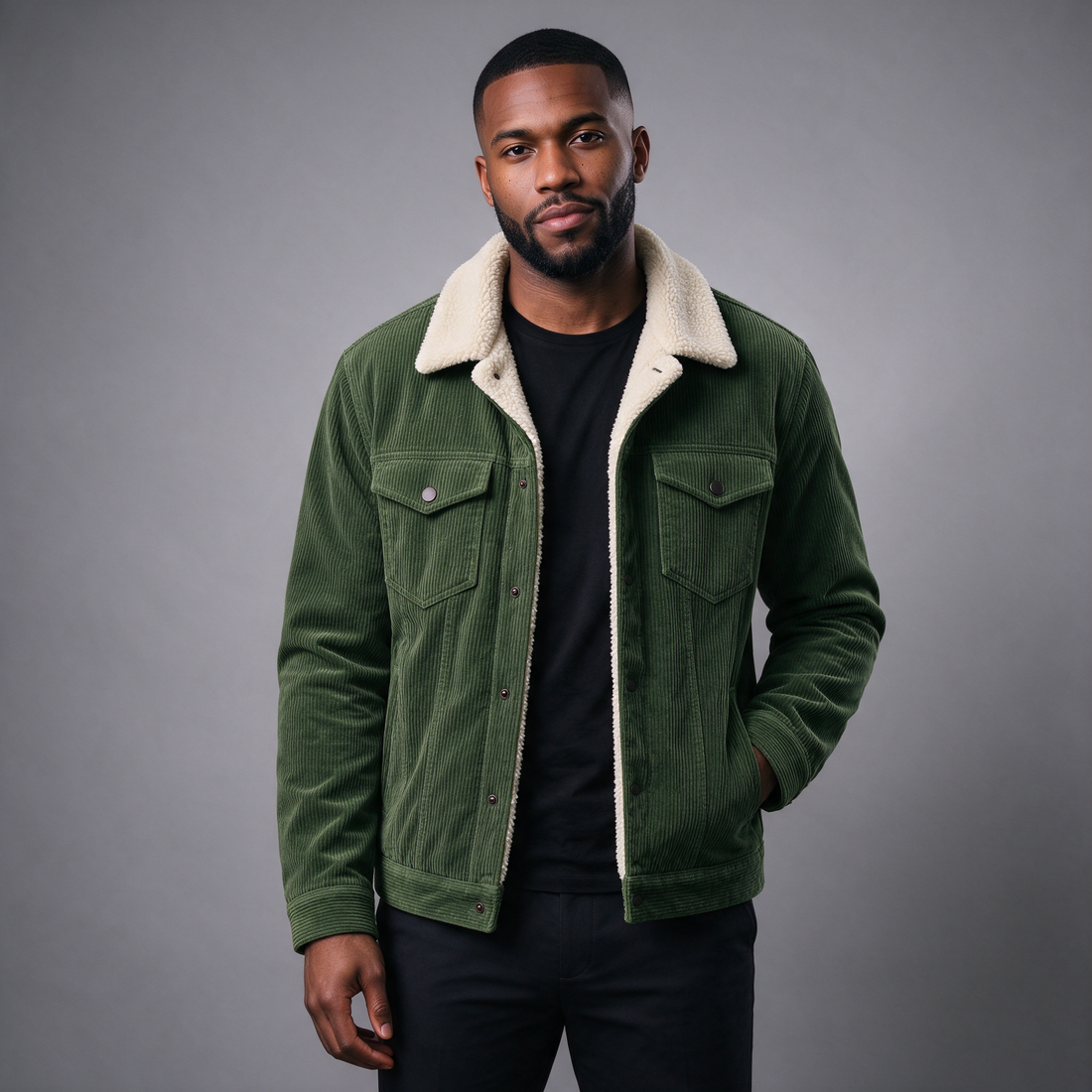 Athens plush corduroy jacket in green, front view