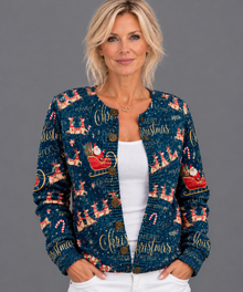 Women's Christmas Cardigan – Santa Sleigh & Reindeer Print V-Neck Button-Front Jumper