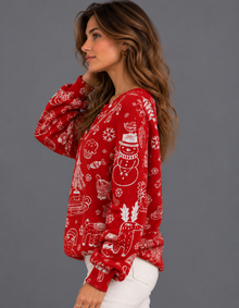 Women's Christmas Jumper – Festive Doodle Print Waffle Knit Henley