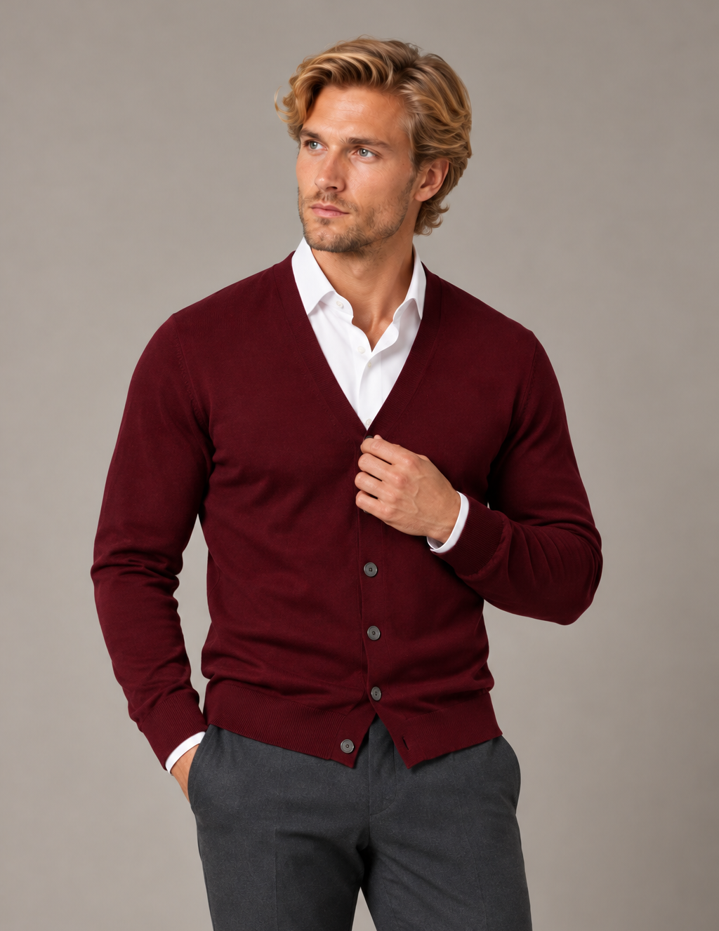 Men’s V-Neck Button Cardigan Sweater – Long Sleeve Knit with Pockets
