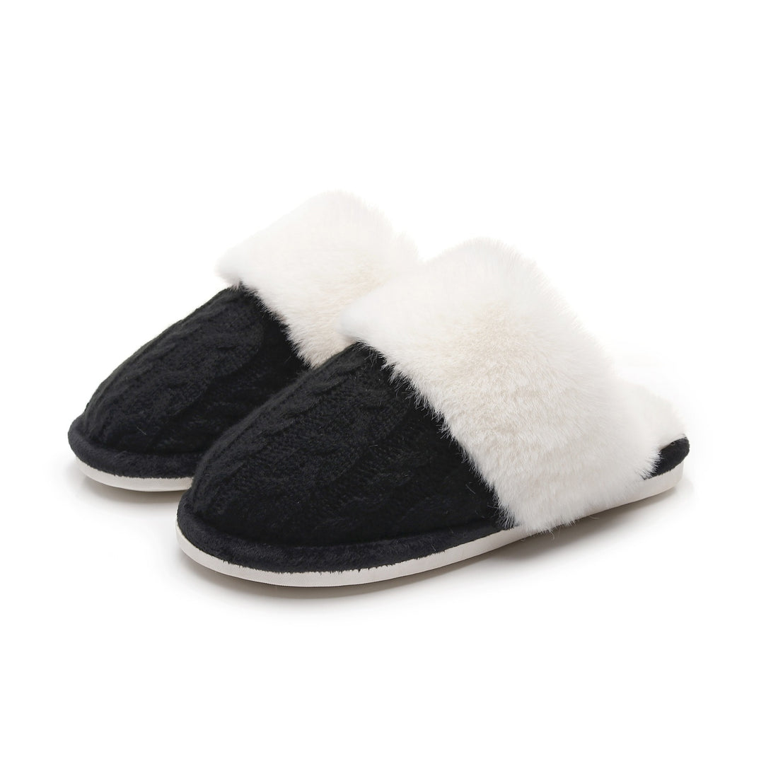 Women's cable knit fluffy slippers in black with cream faux fur trim