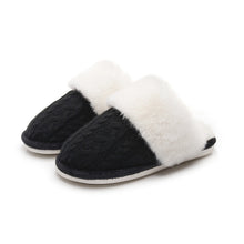 Women's cable knit fluffy slippers in black with cream faux fur trim